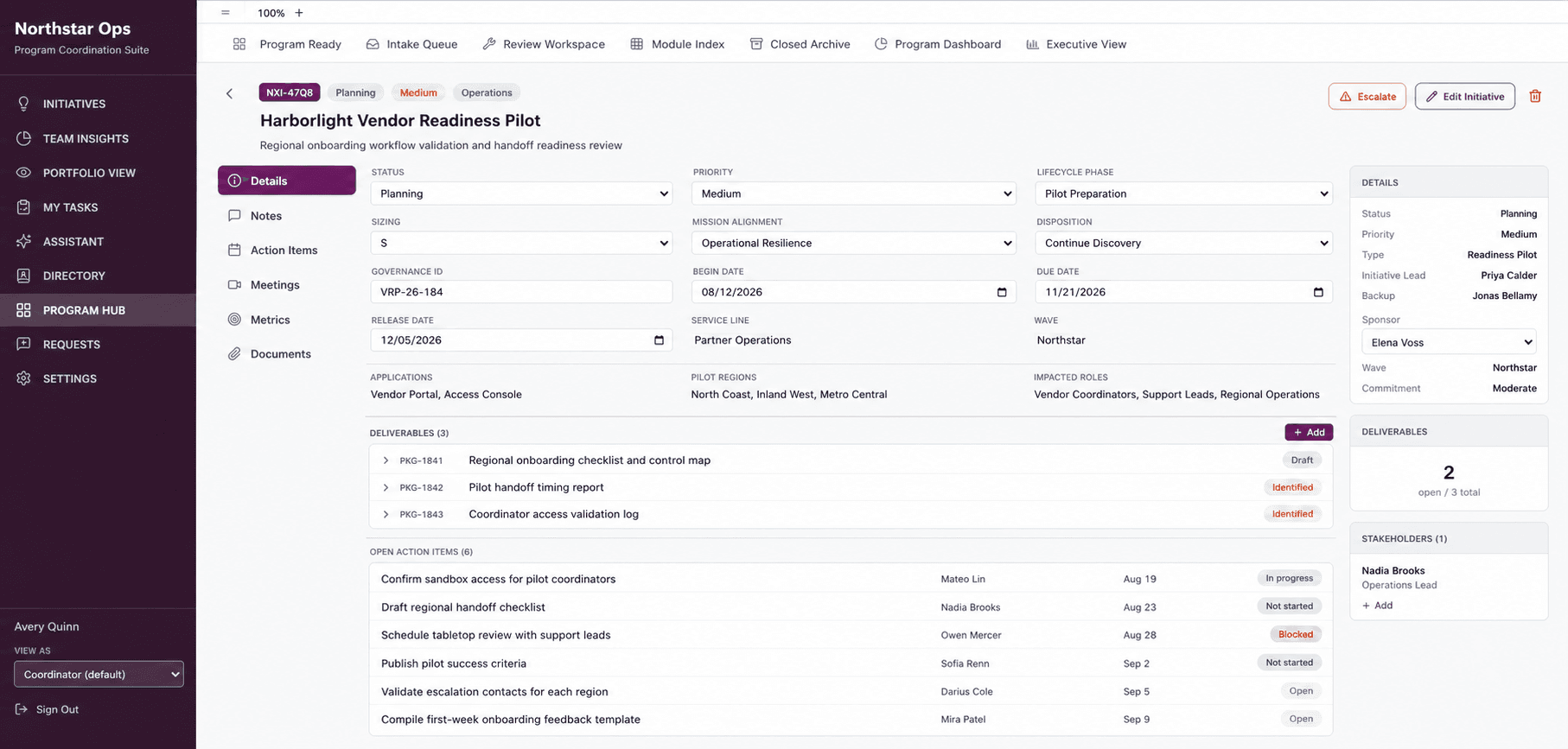 Initiative detail workspace showing status, priority, lifecycle phase, governance information, deliverables, stakeholders, and assigned action items in one view.