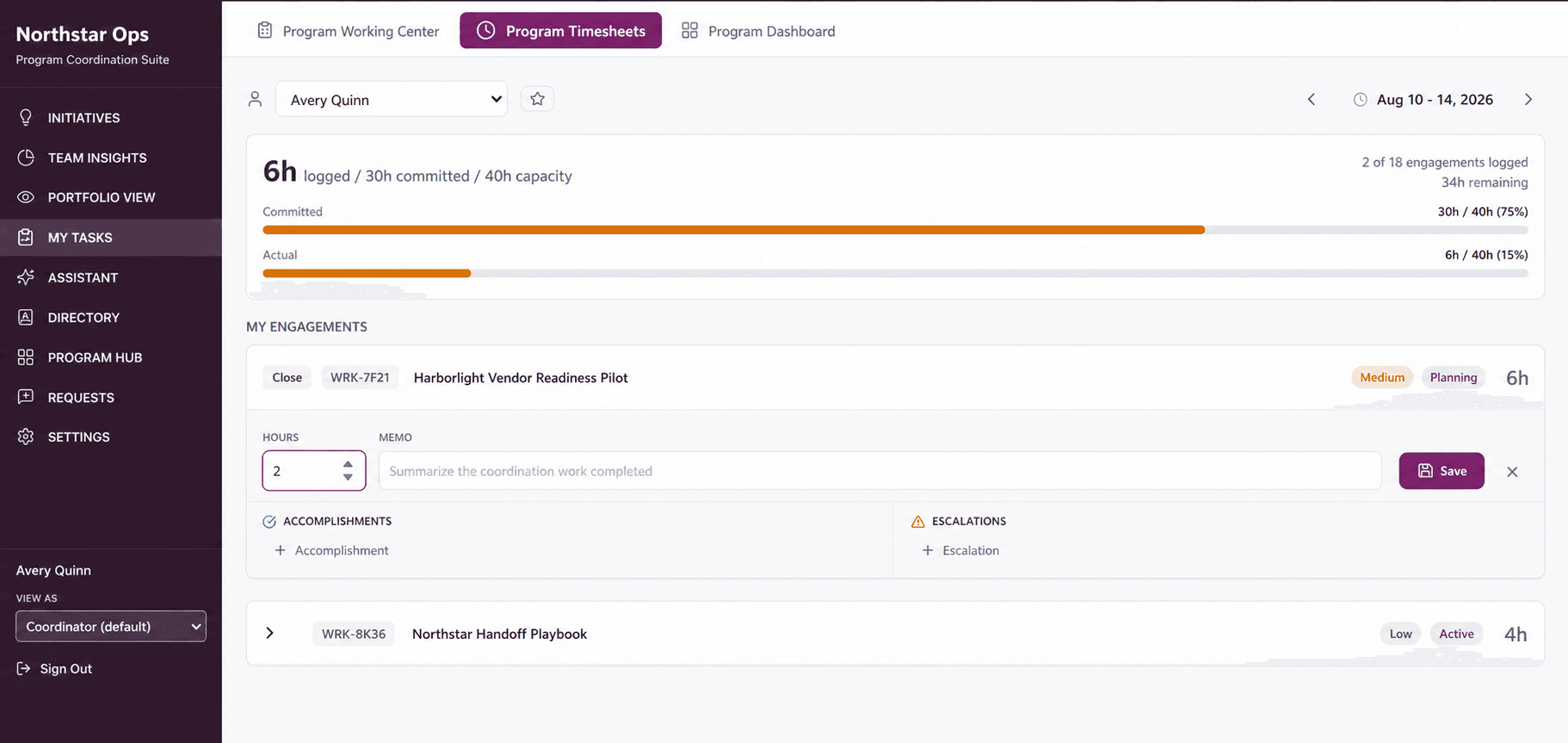 Program timesheet showing a team member's logged hours, committed time, capacity, and time-entry fields for assigned initiatives in one view.
